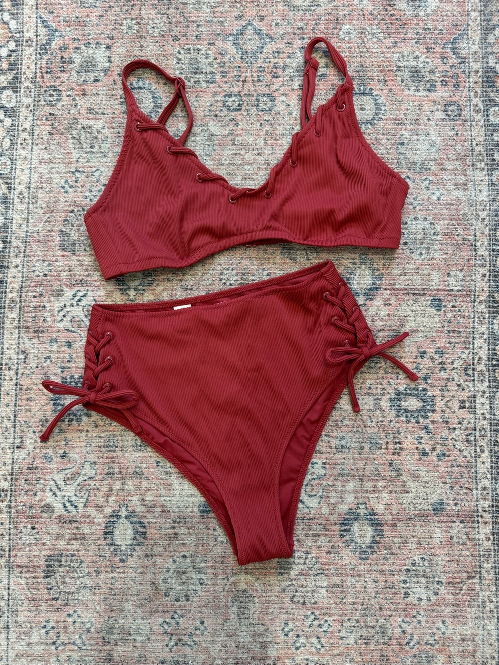 aerie Ribbed High-Waist Bikini in Rust Medium Bottom XL Top